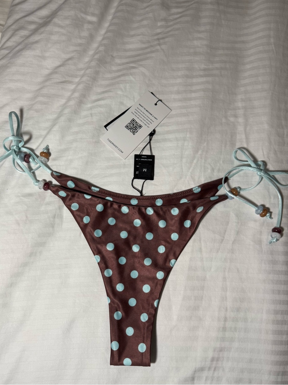 Tiger Mist Brown Bikini Bottom with Light Blue Polka Dots